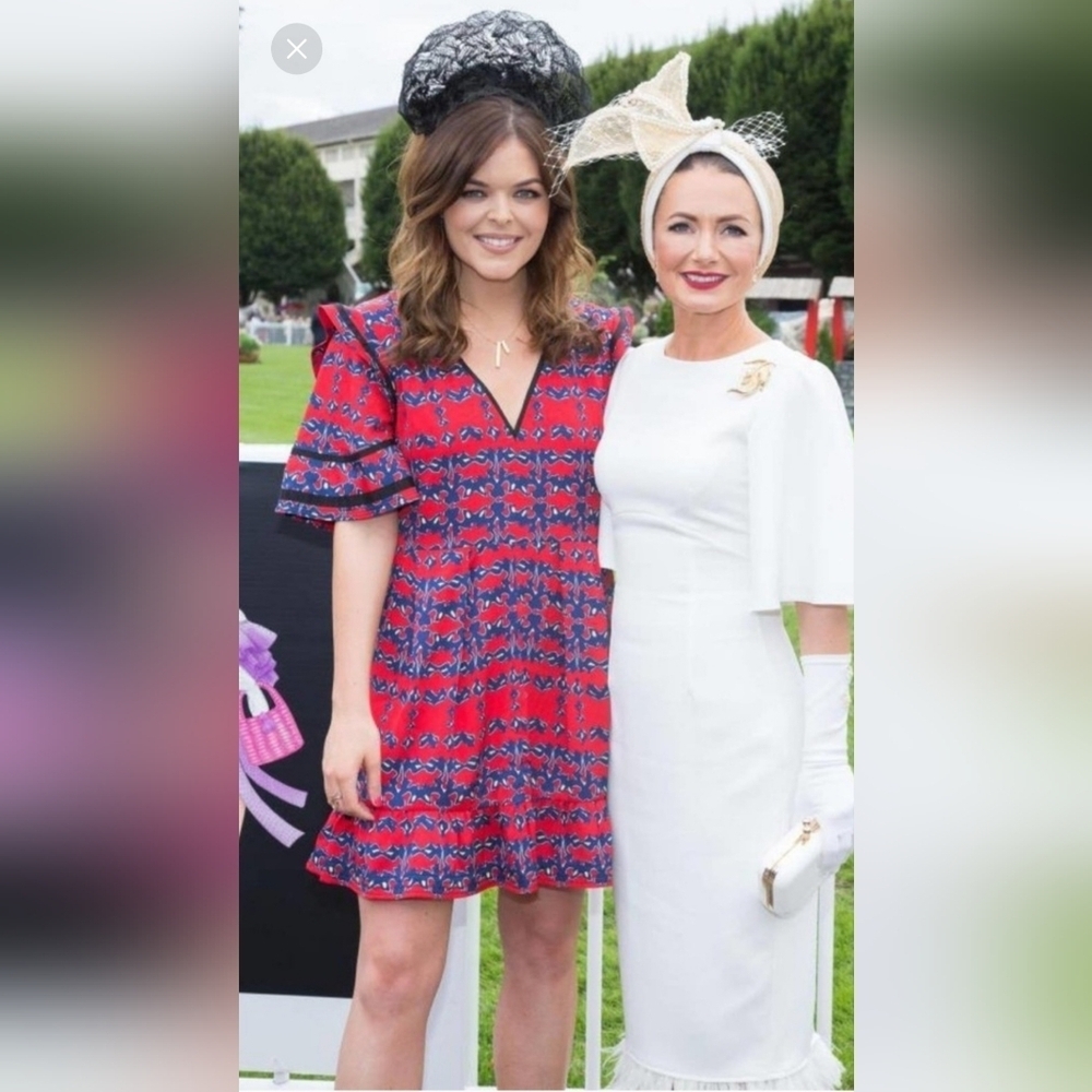 Self-Portrait Red Blue Printed Ruffle Dress US 10 | V-Neck Short Sleeve Boho